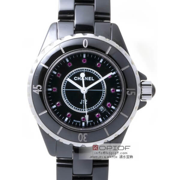 シャネルJ12 スーパーコピーH1634 33mm　ブラックセラミックブレス　12Pルビー ブラック