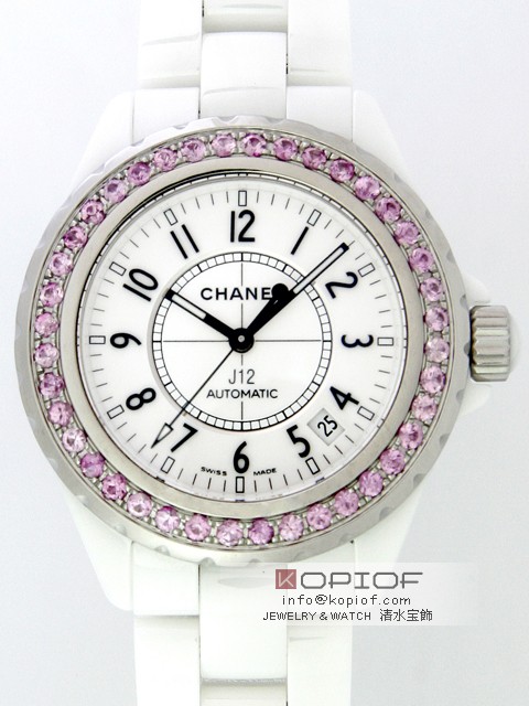 シャネルJ12 スーパーコピーシャネル J12 H0970 38mm ホワイトセラミックブレス ベゼルピンクサファイヤ（合成）アフター ホワイト