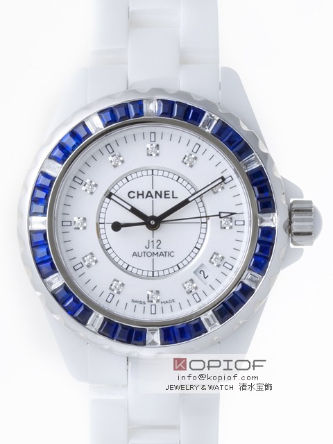 シャネルJ12 スーパーコピーH1629 38mm ホワイトセラミックブレス 12Pダイヤベゼルバケットカットブルーサファイヤ